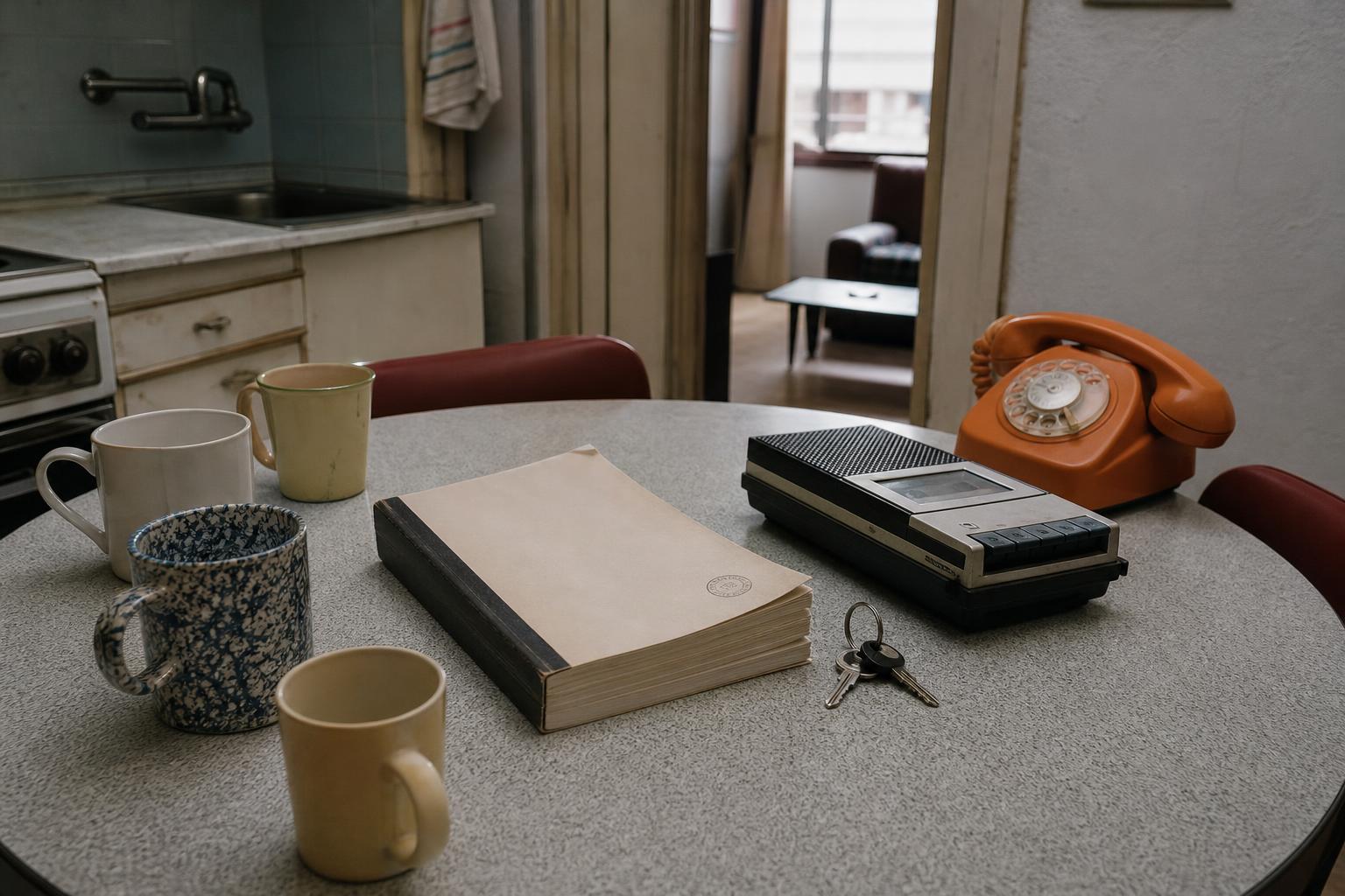 Un informe encuadernado sobre una mesa de cocina de formica, junto a una grabadora de casete, un teléfono de disco naranja, unas llaves y cuatro tazas distintas.