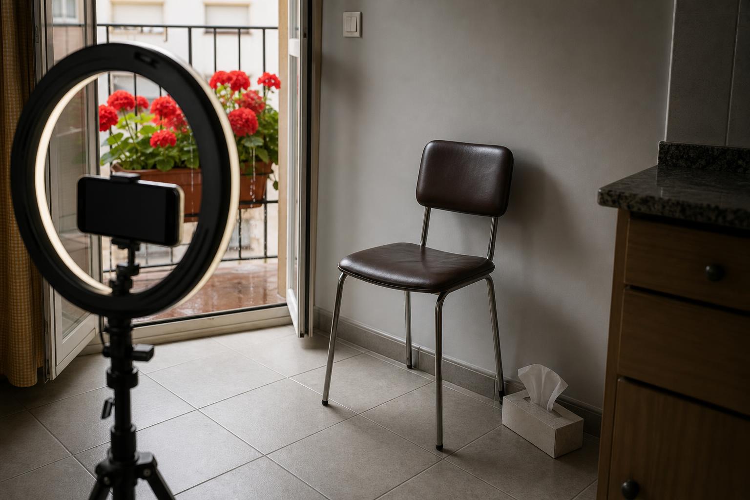 Un aro de luz y un móvil en un trípode apuntan a una silla vacía ante una pared gris, con una caja de pañuelos en el suelo y un geranio en el balcón.