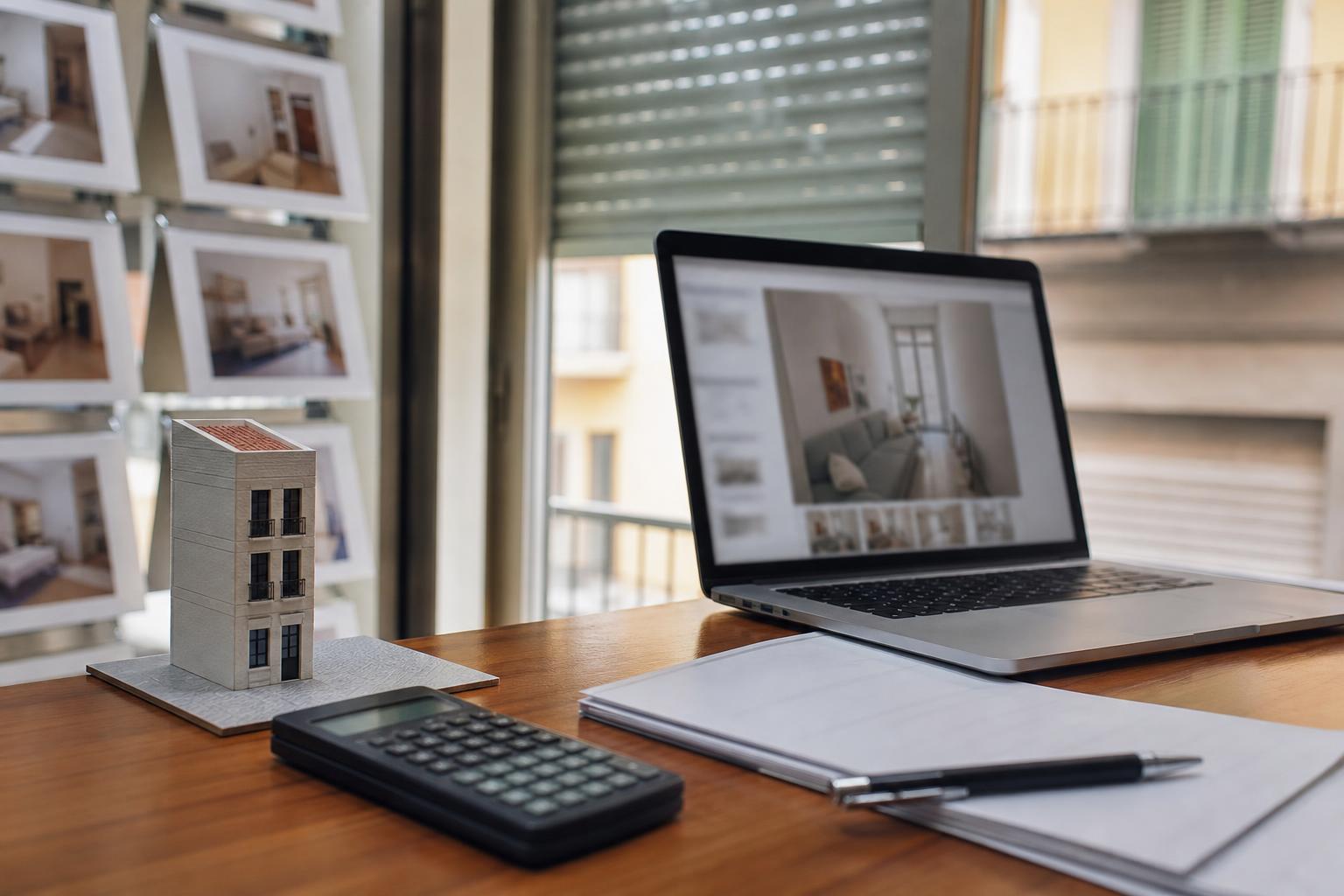Una calculadora científica junto a una pequeña maqueta de un piso y un portátil con un anuncio inmobiliario desenfocado.
