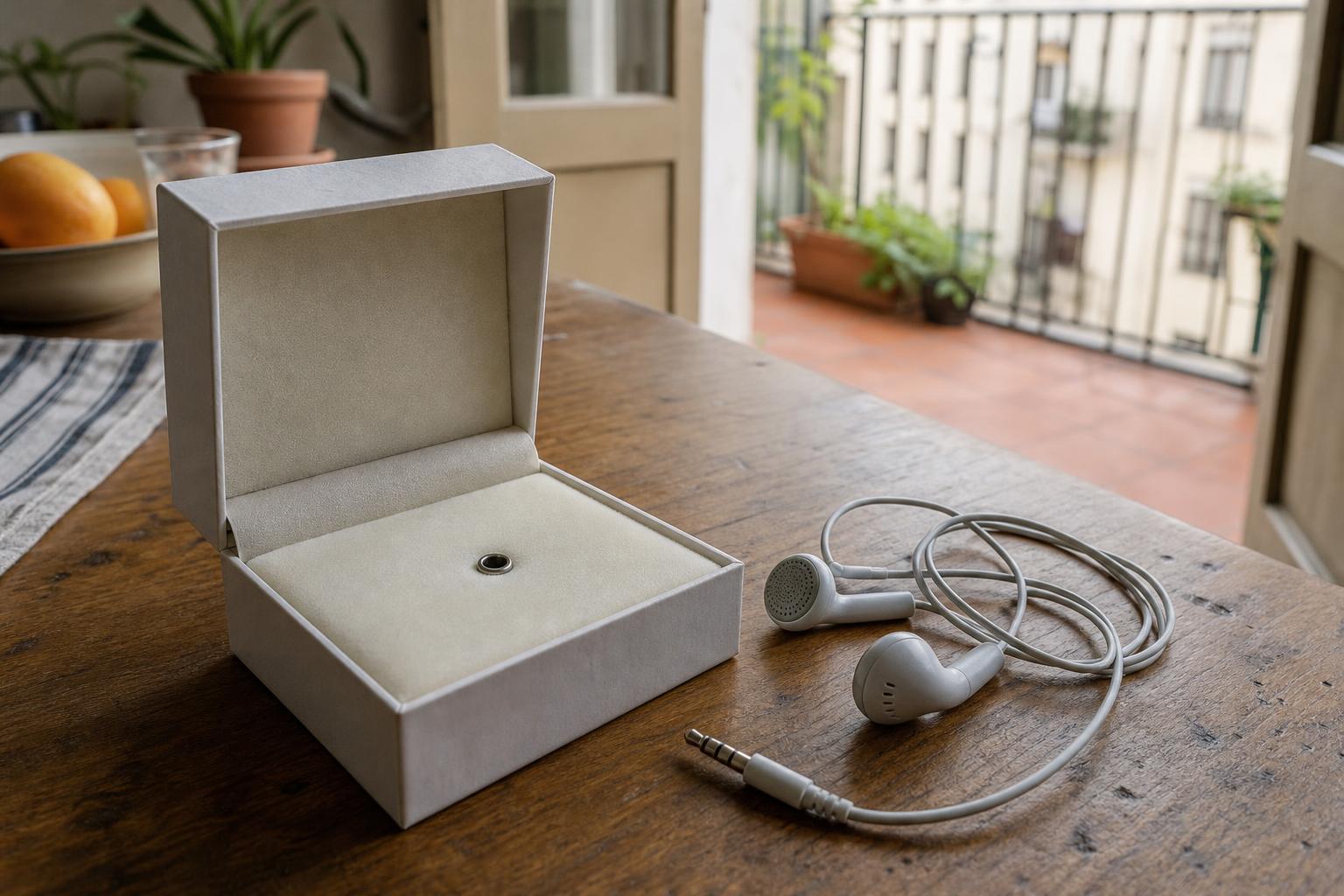 Una caja blanca con un pequeño conector circular sobre un acolchado, junto a unos auriculares con cable desenchufados.
