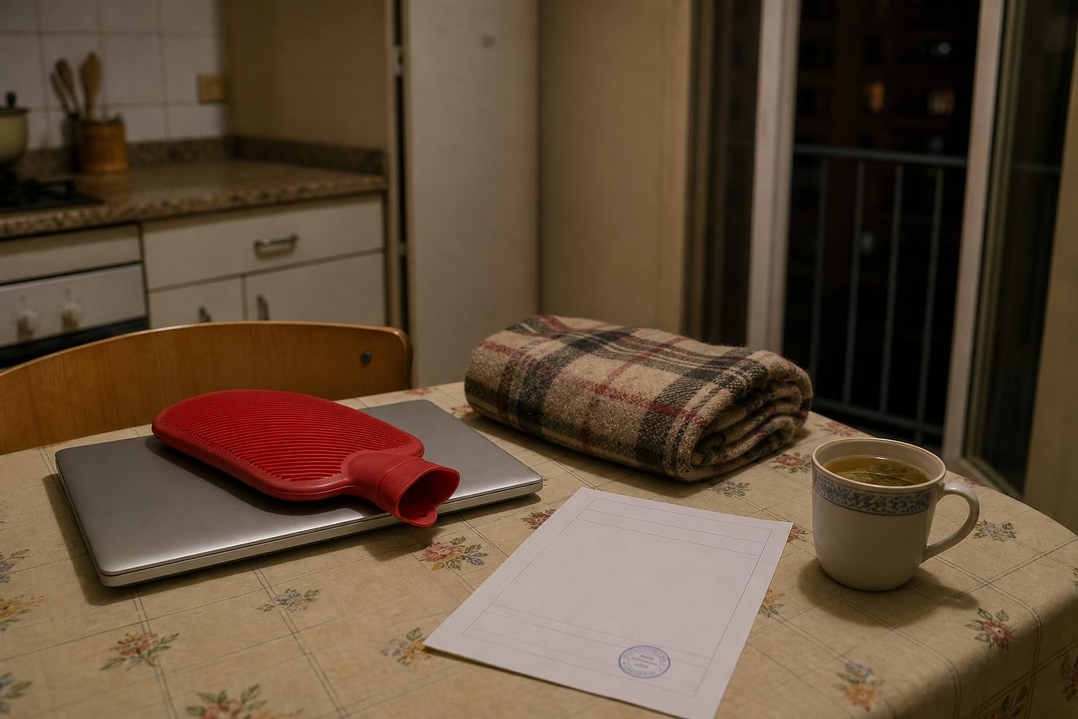 Un portátil cerrado sobre una mesa de cocina, de noche, con una bolsa de agua caliente encima, una manta doblada, un impreso con un sello y una taza de infusión al lado.