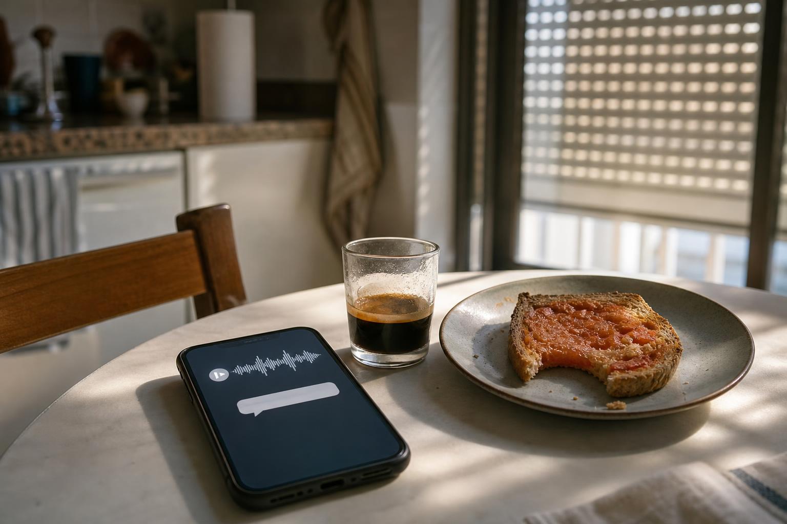 Un móvil con una onda de audio en pantalla junto a un café y una tostada con tomate a medio comer.